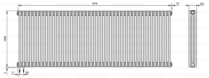 Схема (чертеж) Радиатор Zehnder Charleston 3180/43 №3370 Technoline TL
